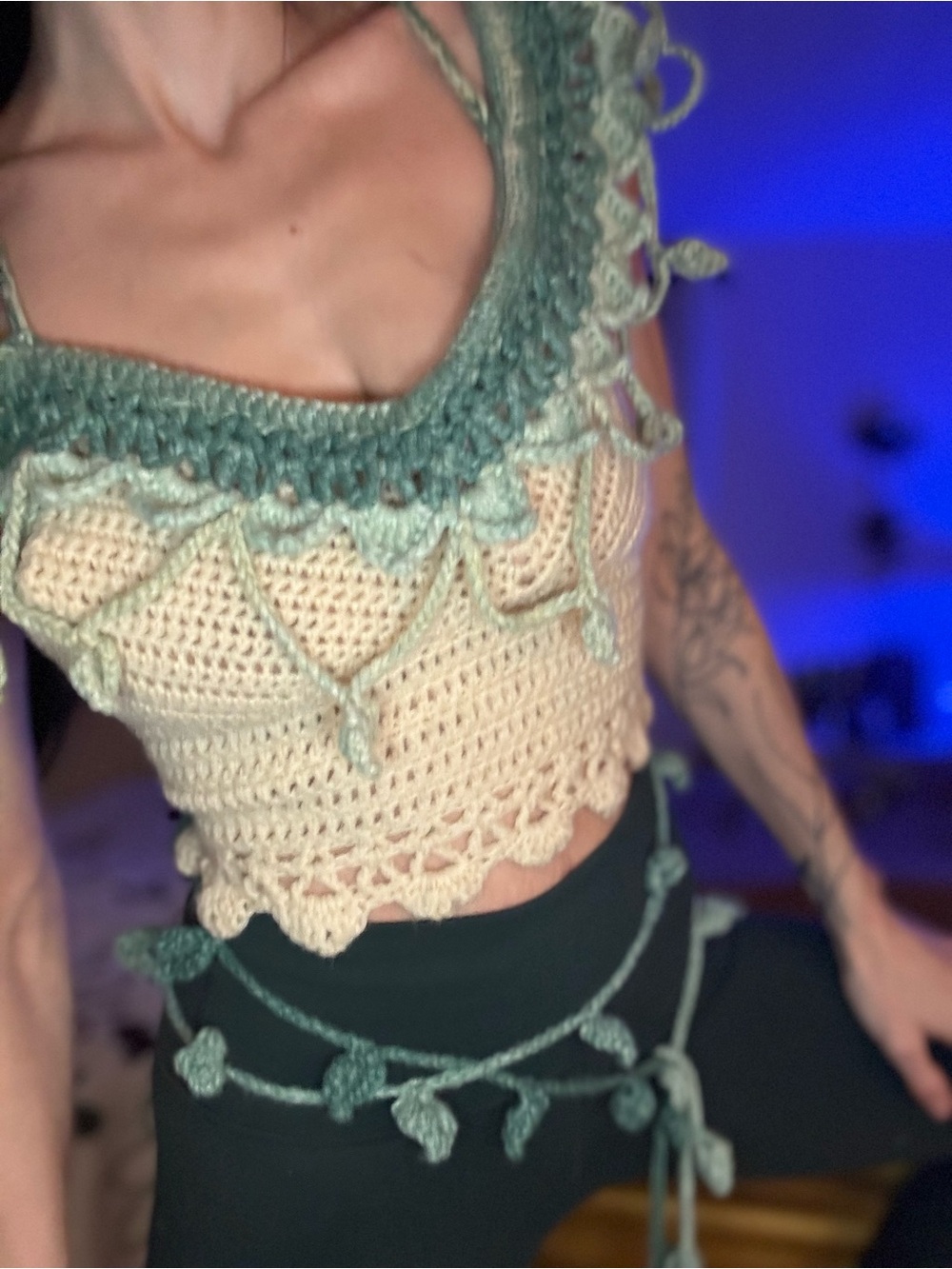 Hand-Crocheted Cream and Sage Green Crop Top